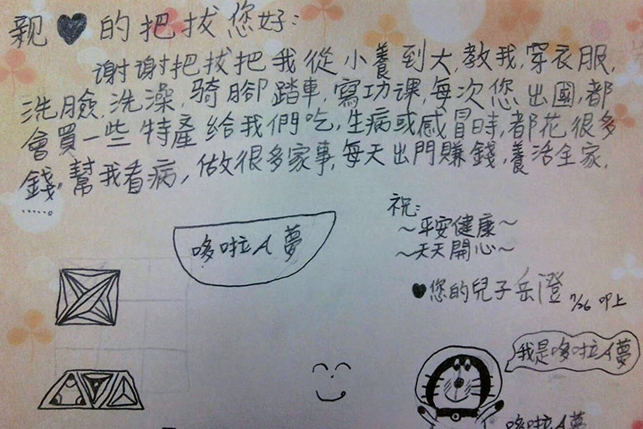 親♥的把拔您好: 謝謝把拔把我從小養到大,教我,穿衣服,洗臉,洗澡,騎腳踏車,寫功課,每次您出國,都會買一些特產給我們吃,生病或感冒時,都花很多錢,幫我看病,做很多家事,每天出門賺錢,養活全家,……。祝: ~平安健康~ ~天天開心~ ♥您的兒子岳澄叩上